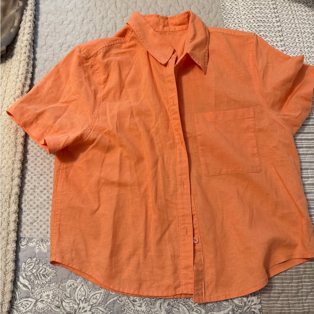 Aritzia | Sunday Best Orange Linen Short Sleeve Button-Up Shirt